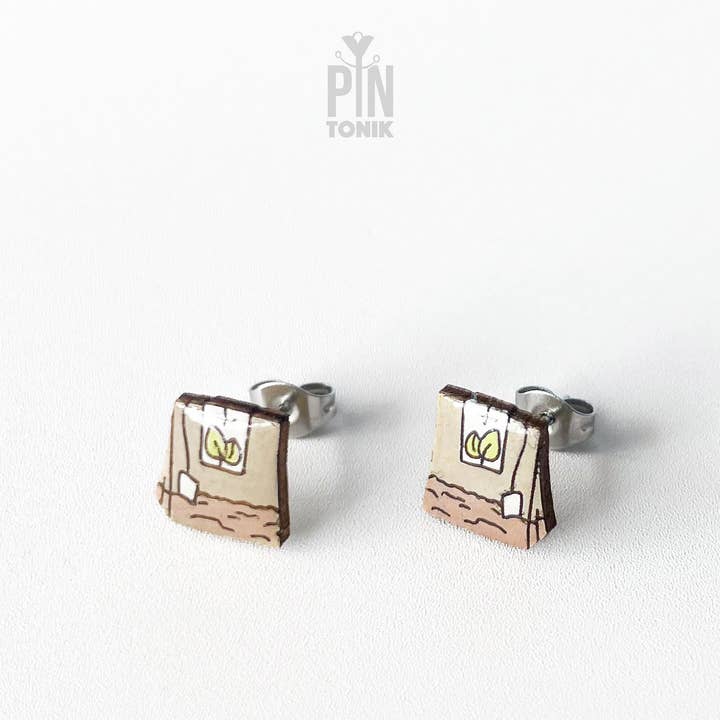 Brincos de Saqueta de Chá Verde - Joalharia de Chá em Madeira por atacado de PinTonik