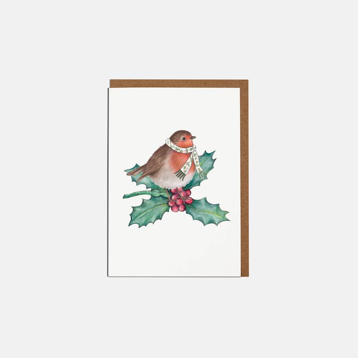 Robin & Holly Mini Christmas Card - Blank for wholesale by Lottie Murphy