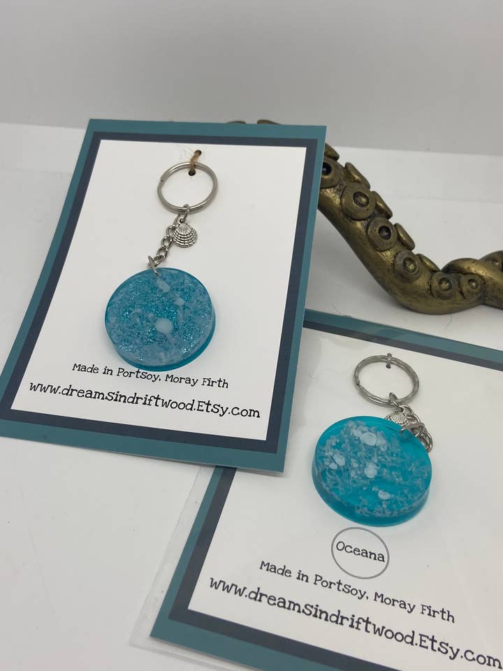 Resin seascape Ocean keyring - Made in Scotland for wholesale by Dreams in Driftwood