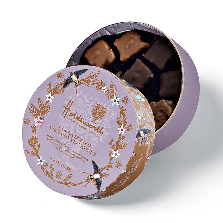 Cocoa Dusted Crunchy Velvetines Gift Box 150g for wholesale by Holdsworth Chocolates