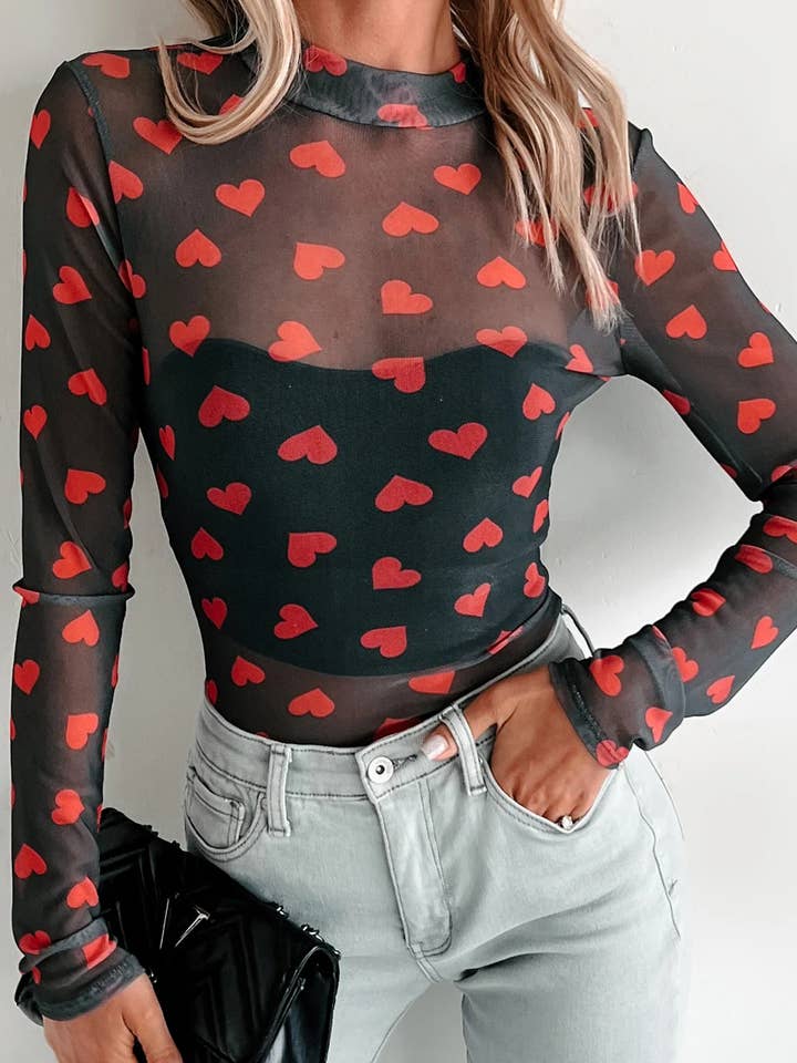 LAS Valentines Heart Sheer Mesh Long Sleeve Top (S-XL) for wholesale by LA Society