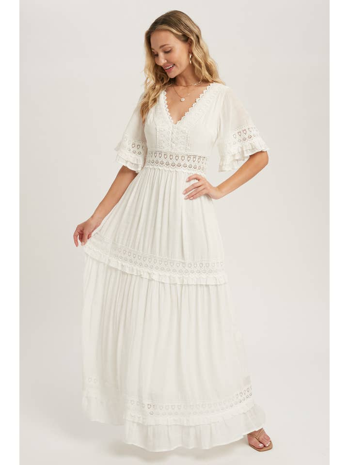 Bluivy - Wholesale Dress - Women's - V-NECK LACE TRIM MAXI DRESS