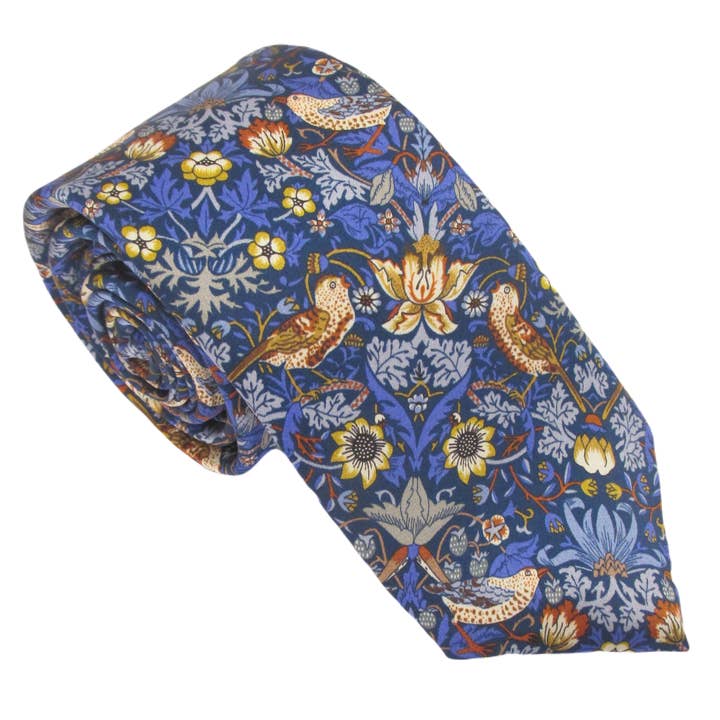 Strawberry Thief Royal Blue Silk Tie Made with Liberty Fabric for wholesale by Cecil Jones