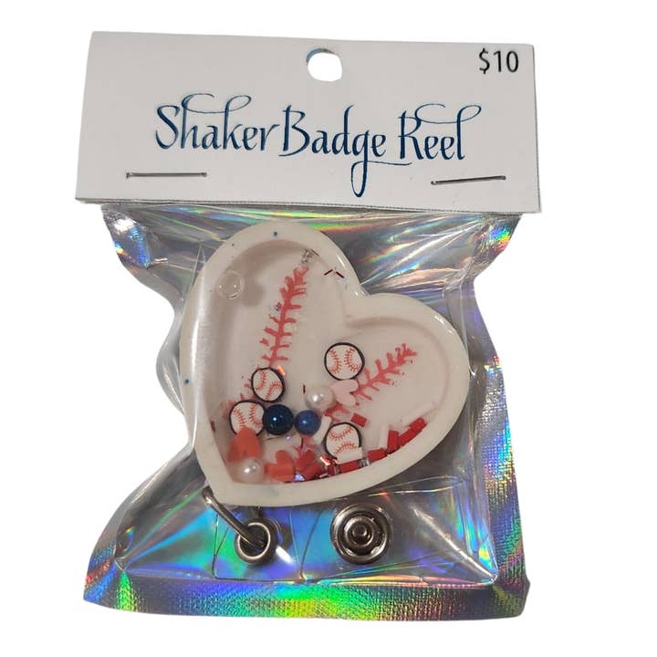 Baseball heart shaker badge reel for wholesale by Blue Bourbon Designs