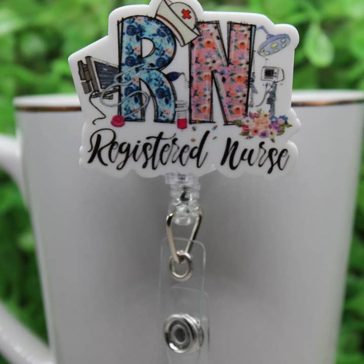 Porte-badge/porte-ID enrouleur floral rose et bleu RN pour la vente par Hylidae Boutique