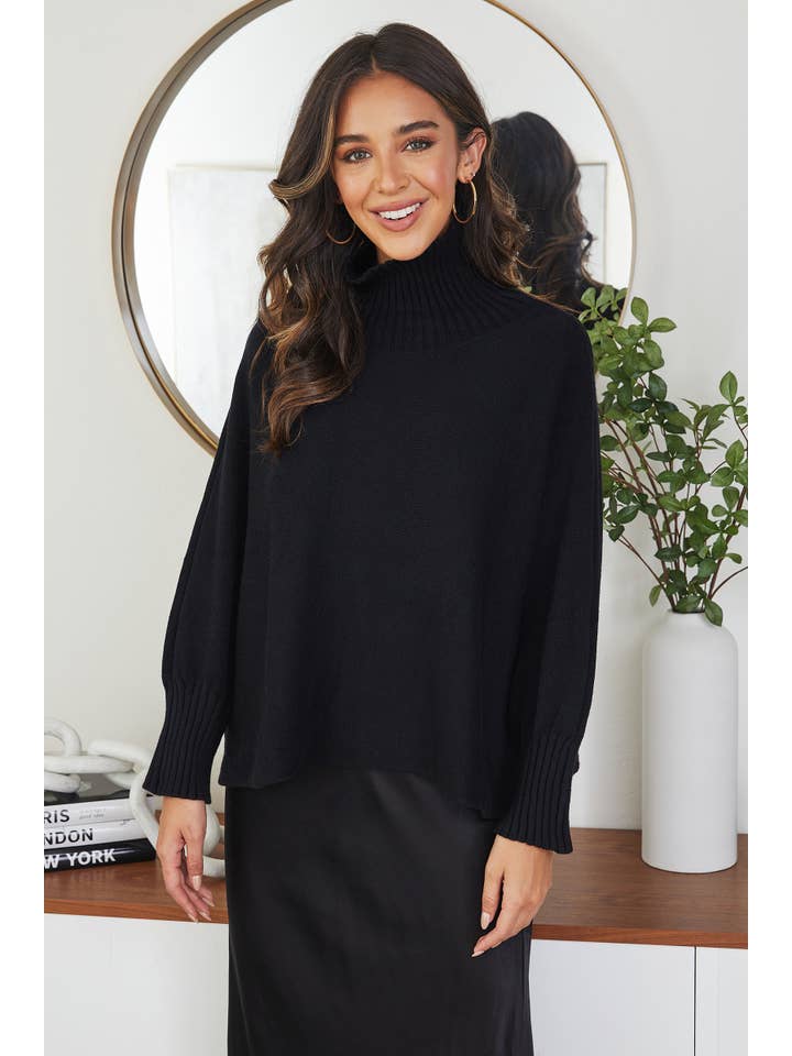 Nero MAGLIONE IN MAGLIA A COLLO ALTO DRAPPEGGIATO (7097-NERO) in vendita all'ingrosso su Faire1