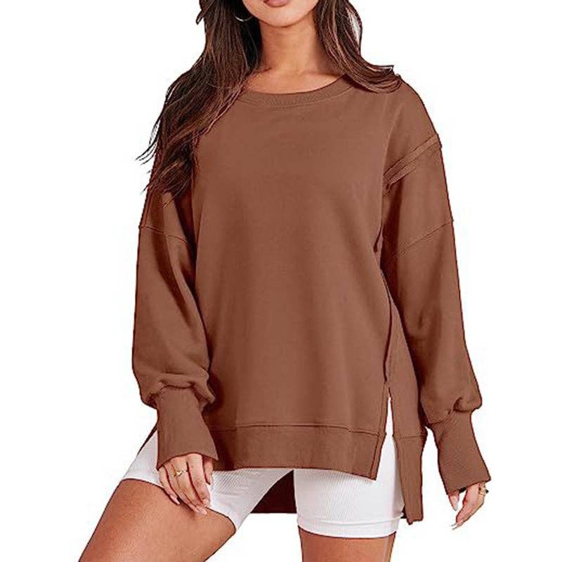 Sheer Trend - Vente Sweat-shirt – femme - Pull haut et bas à manches longues, frangé, couleur unie, joint fendu et col rond5