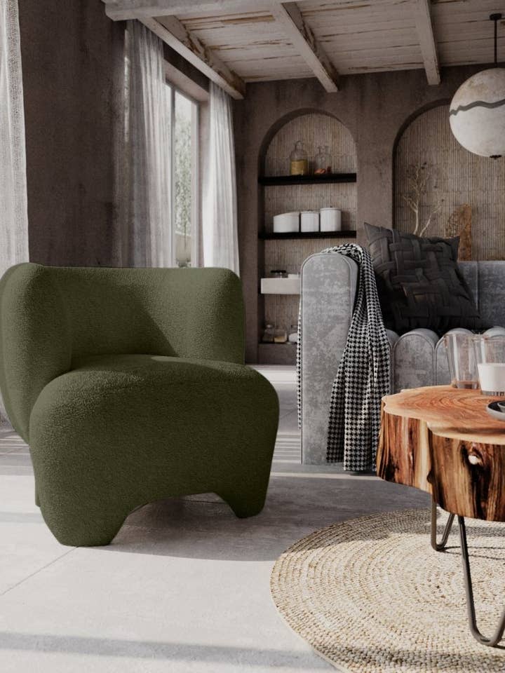 Fauteuil Noa, laine bouclée vert kaki pour la vente par Potiron