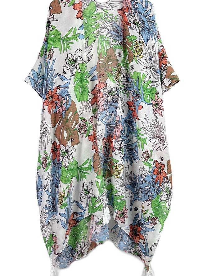 Hana - Wholesale Kimono - Women's - Palm Leaf Print Tassel KiSummer Kimono Cover Upmono