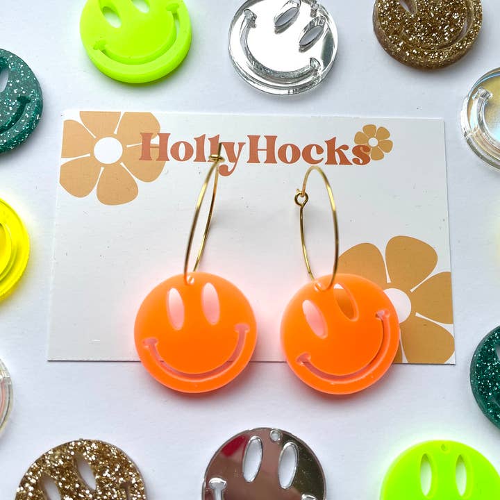 Smiley Face Hoop Acrylic Earrings for wholesale by HollyHocks Jewellery