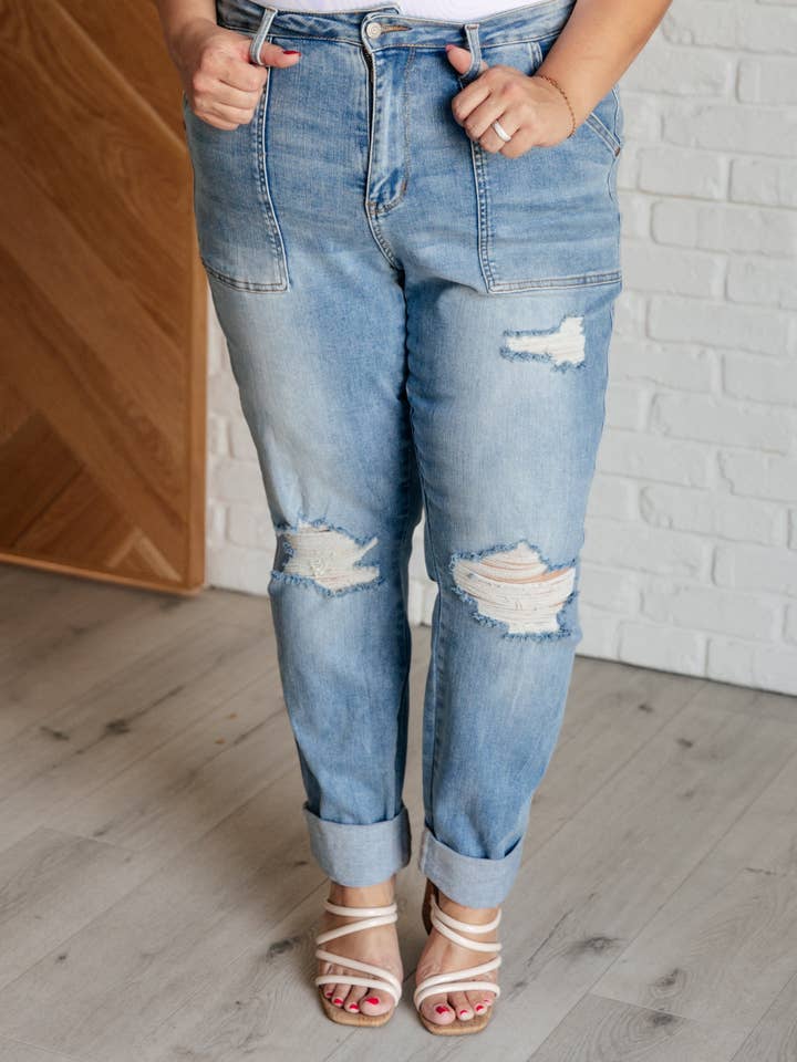 Avenue Wholesale - Wholesale Jeans - Women's - Judy Blue High Rise Patch Pocket Distressed Boyfriend Jeans