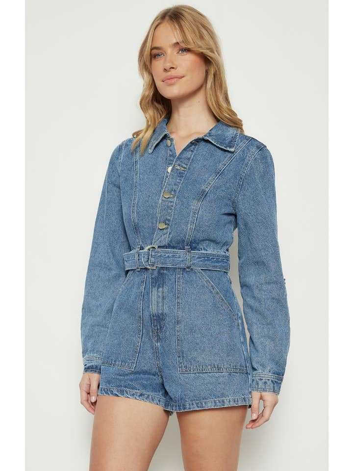 Style State Wholesale - Wholesale Romper - Women's - Button Up Denim Playsuit with D-Ring Belt Detail