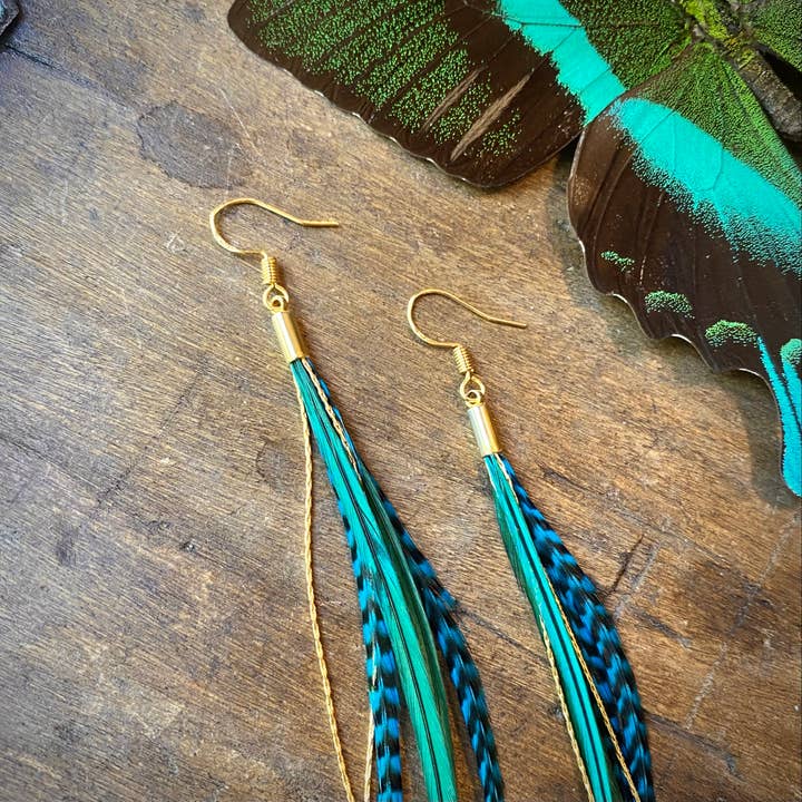 Mini Feather Earrings - Green & Turquoise/Gold, Boho Western for wholesale on Faire6