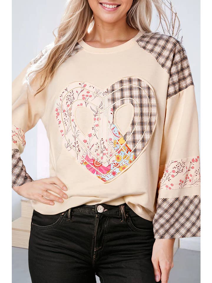 66DISCO - Wholesale Knit Top - Women's - Floral Heart Plaid Graphic Wide Long Sleeve Top (S-3XL)2