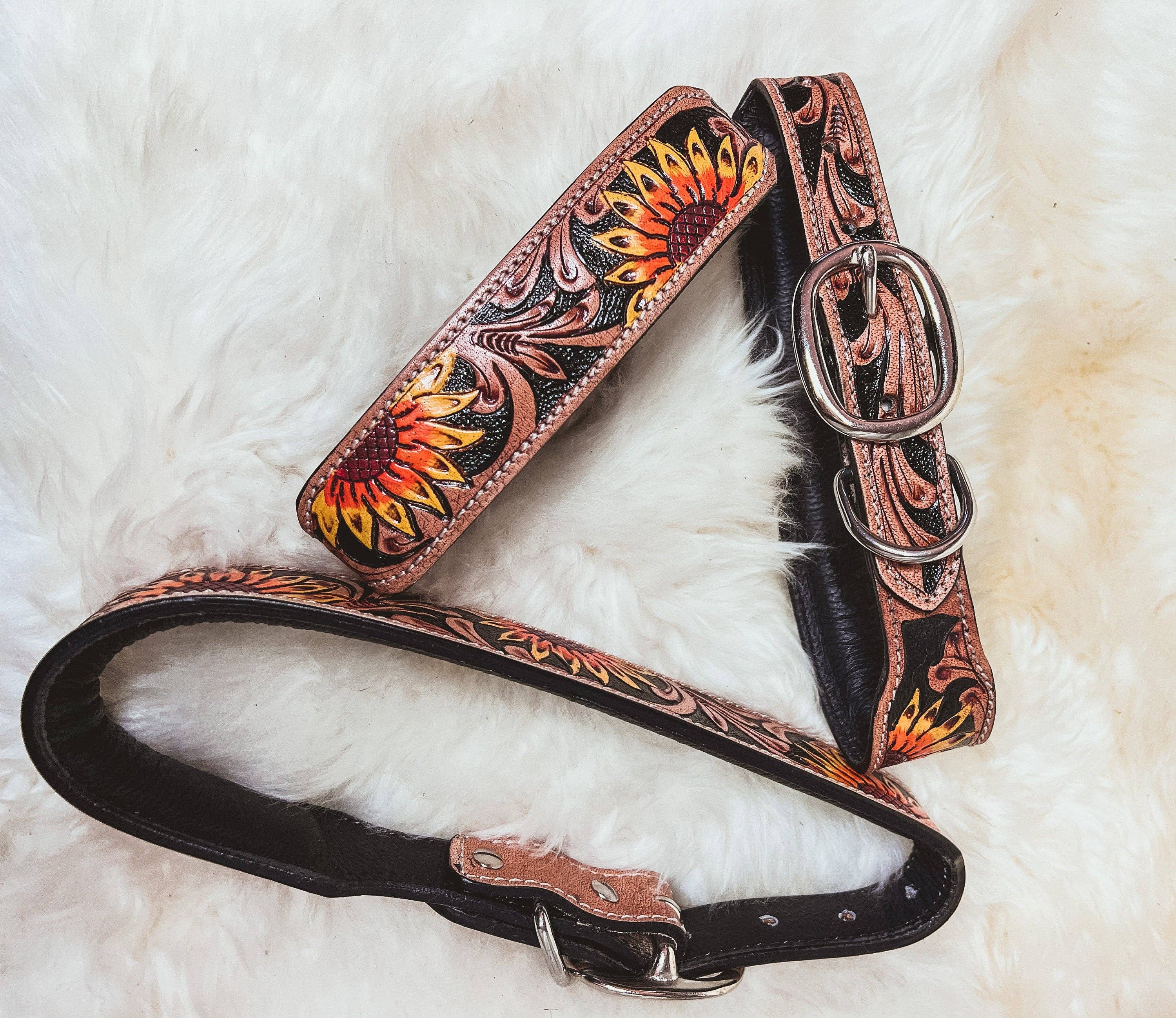 The Sterling Gypsy - Wholesale Pet Collar - Dog - Hand Tooled Sunflower Leather Western Dog Collar5