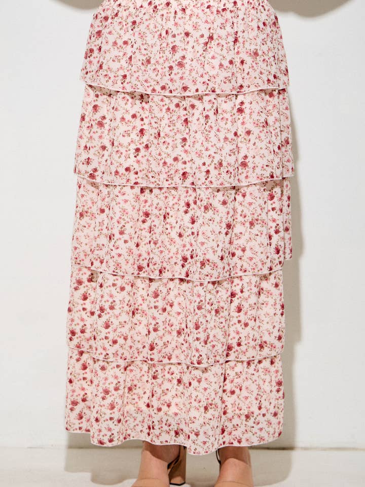 (PLUS)BLADMÖNSTRAD MELLANLÅNG KJOL MED VOLANGER för wholesale av Baevely by Wellmade USA