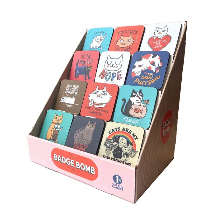 Badge Bomb - Wholesale Retailer Display - Paper & Novelty - Counter Coaster Display