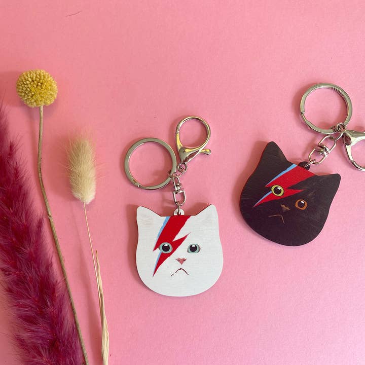 Childstar Samantha - Wholesale Keychain - Unisex - Black Cat with Ziggy Stardust Make Up Eco Wood Keychain Fob