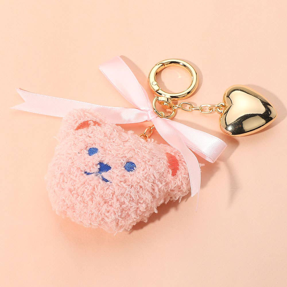 Sensibling Corp. - Wholesale Keychain - Women's - Bow Metal Heart Charm Fluffy Teddy Bear Face Plush Doll Keychain / Bag Charm4