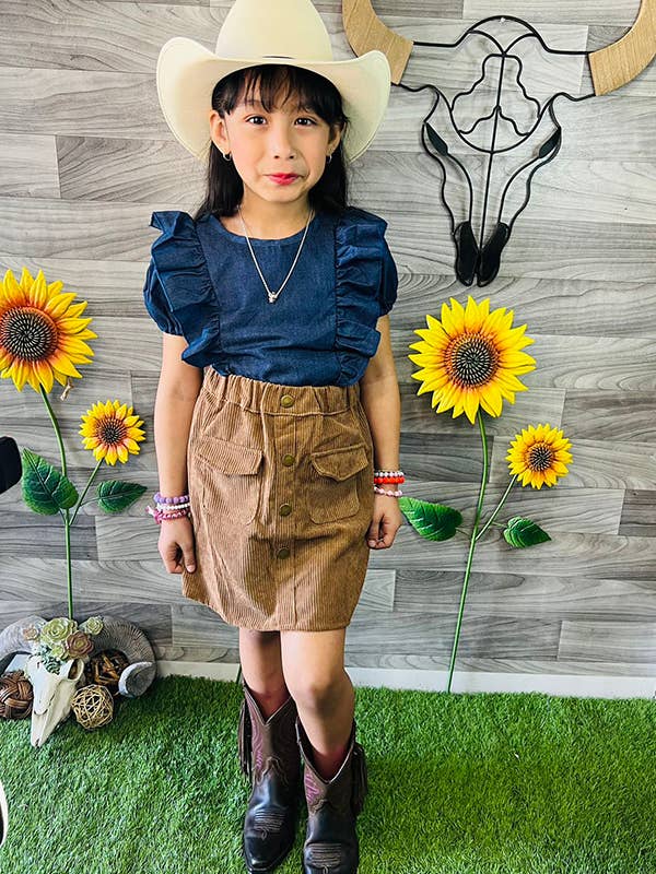 230156M Brown corduroy girls skirt w/pockets and buttons for wholesale by luluclothes