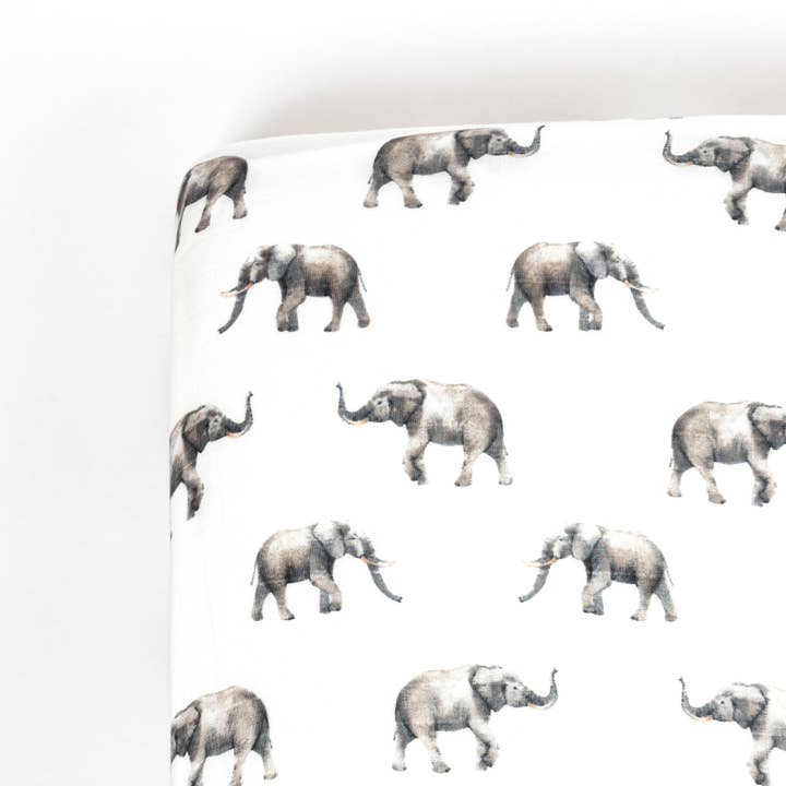 Elephant Bamboo Muslin Crib Sheet for wholesale by Lil North Co