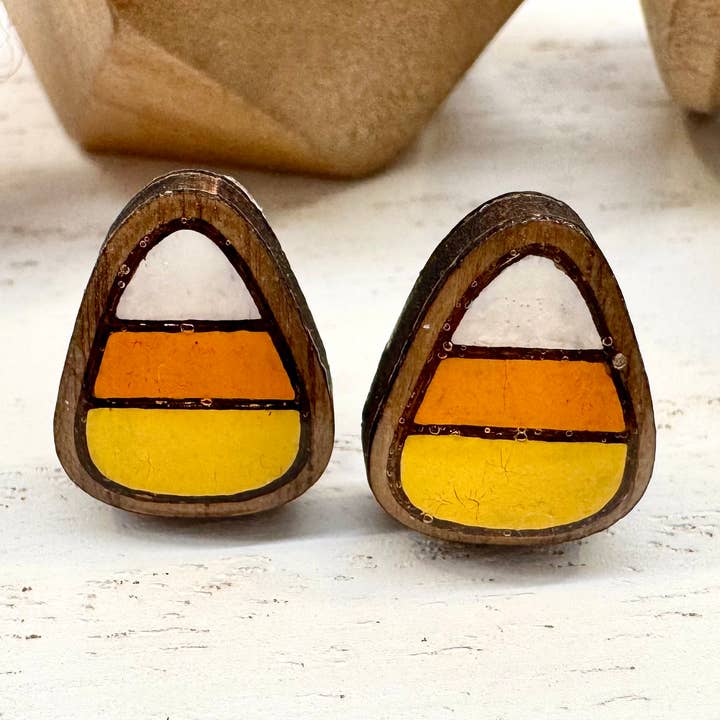 Candy Corn Handmade Wood Stud Earrings for wholesale by The Poppy Peach, LLC.