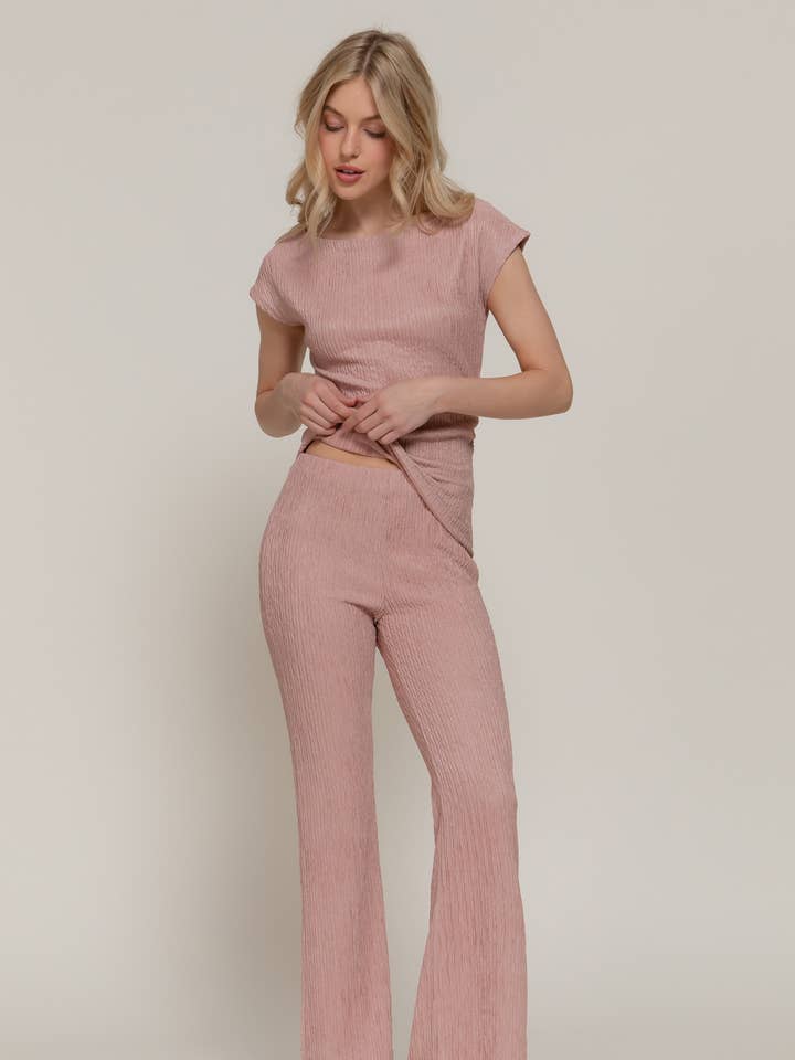 Active Basic | Active USA - Wholesale Top & Pant Set (NOT Loungewear) - Women's - Short Dolman Sleeve Top & Flare Long Pants Wavy Crinkle Set0