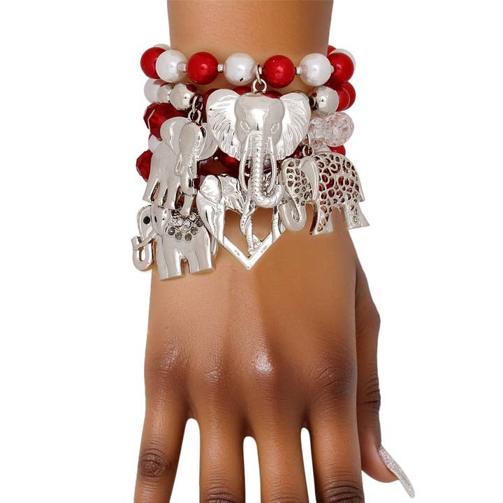 Ensemble de bracelets charme éléphant rouge blanc argent DST pour la vente par PinktownUSA