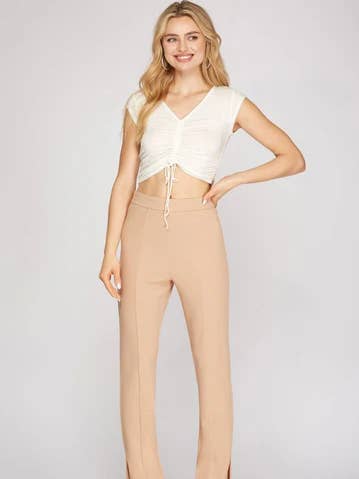 PANTALON LONG DROIT À FENTE LATÉRALE EN MAILLE ÉPAISSE TAUPE pour la vente par Stylish Wholesale