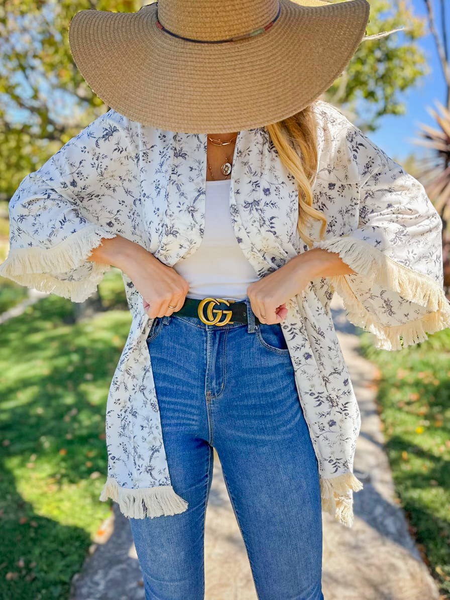 Ivory Boho Floral Printed Kimono with Fringe Trim for wholesale on Faire5