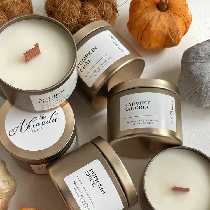 Akivodu Candles - Wholesale Travel Candles - Fall Scent Candle with Wood Wick 4 oz - Multiple Fall Scents0