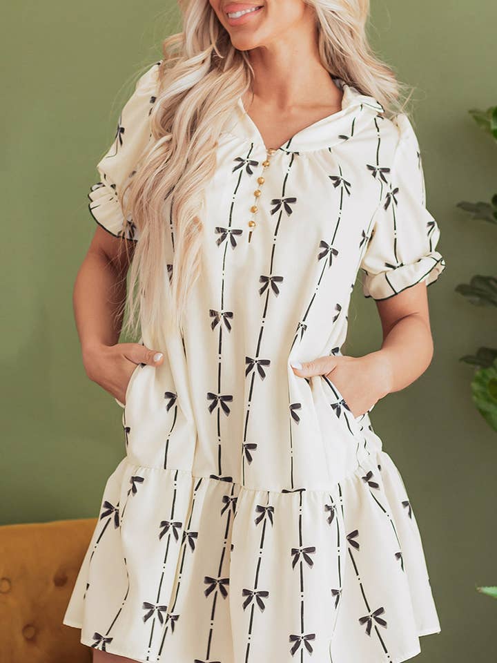 Beige Süßes Schleifenknoten Bedrucktes Blasenärmel V-Ausschnitt Minikleid für den Großhandel von Lovesoft