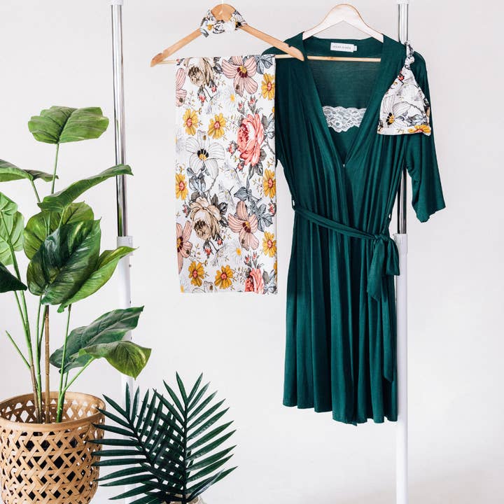 Emerald Green Maternity Delivery Gown & Vintage Floral Swaddle for wholesale by HAHA MAMA Clothing