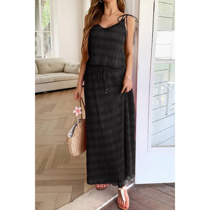Solid Two Piece Strappy Maxi Skirt Crop Top Set for wholesale by Supreme Fashion