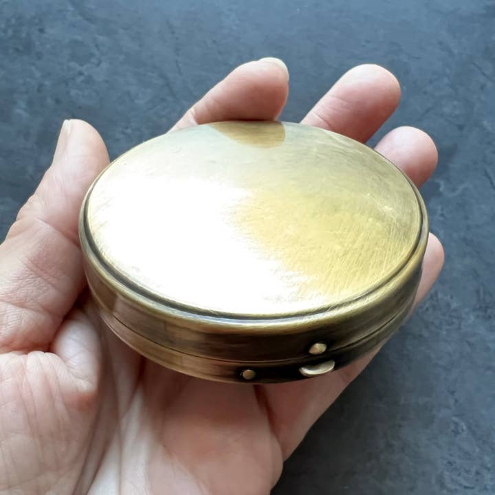 Metal Cloth & Wood - Wholesale Decorative box - Customizable 2.6" Round Brass Pill or Trinket Box with Your Choice of 3D Lid Decor — Choose Skull, Animals, Insects, or Celestial Motifs3