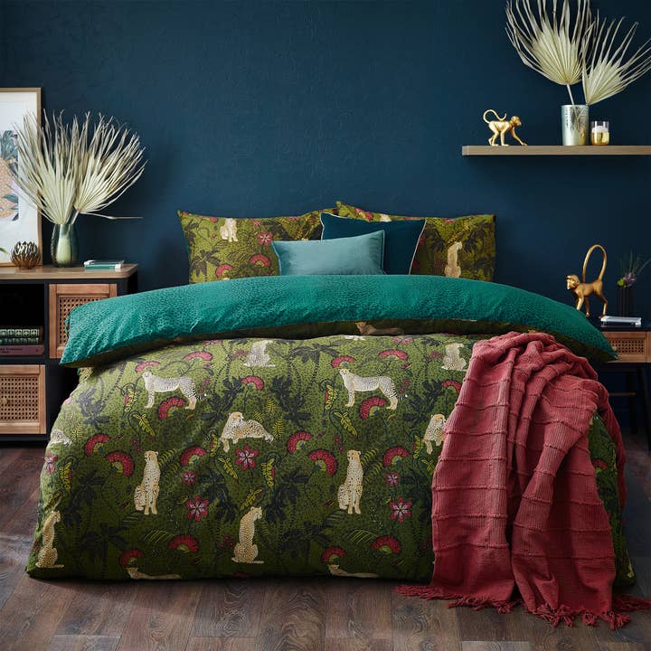 Moss Teal Tropica Cheetah Botanical Duvet Cover Set Moss/Teal for wholesale on Faire