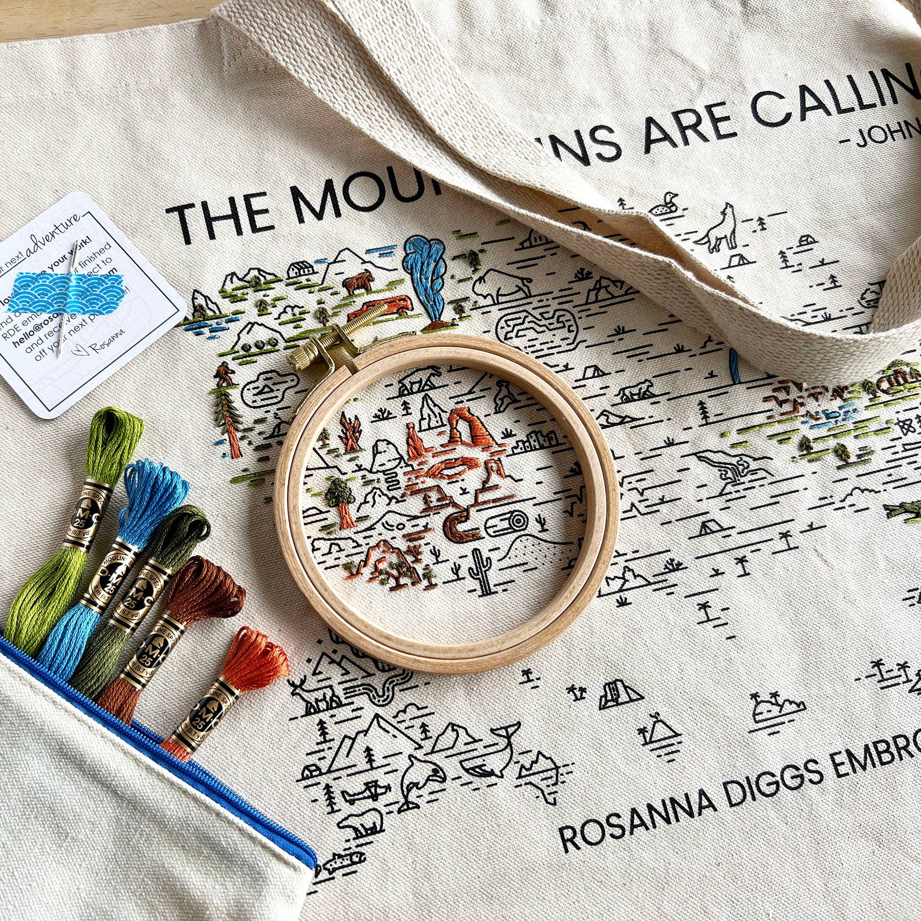 Rosanna Diggs Embroidery - Wholesale DIY Craft Kit - The Mountains Are Calling Tote Bag Embroidery Kit1