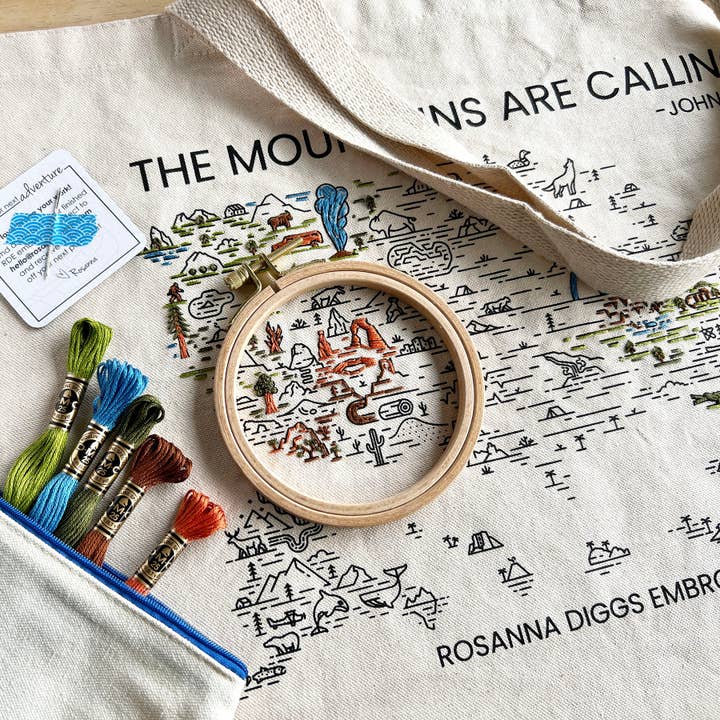 Rosanna Diggs Embroidery - Wholesale DIY Craft Kit - The Mountains Are Calling Tote Bag Embroidery Kit1