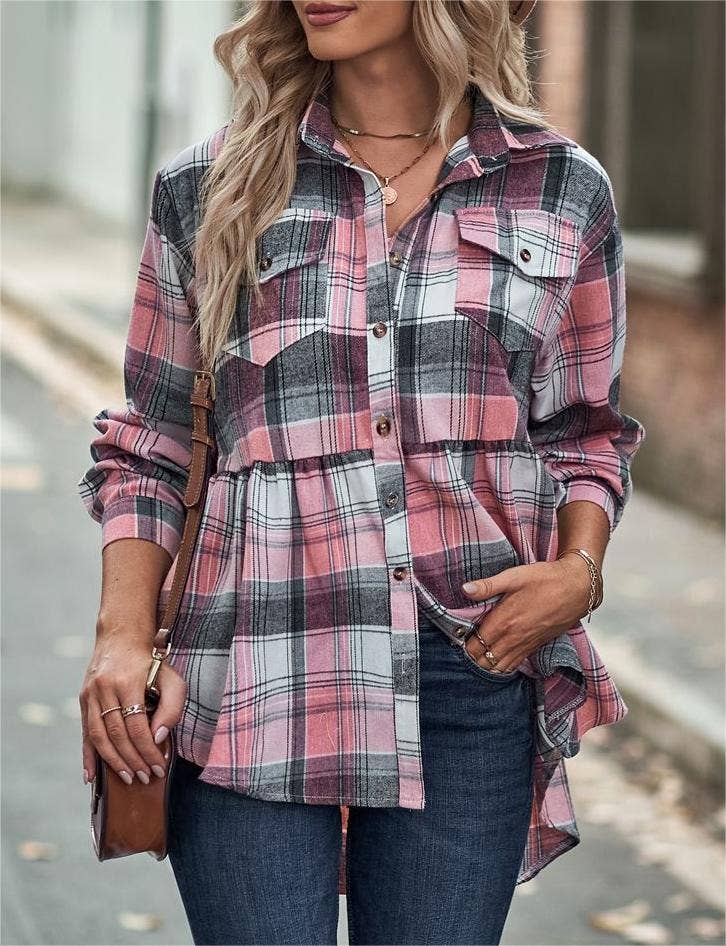 Rosa Clothing - Wholesale Button Down Shirt - Women's - Pocket long-sleeve plaid shirt jacket2