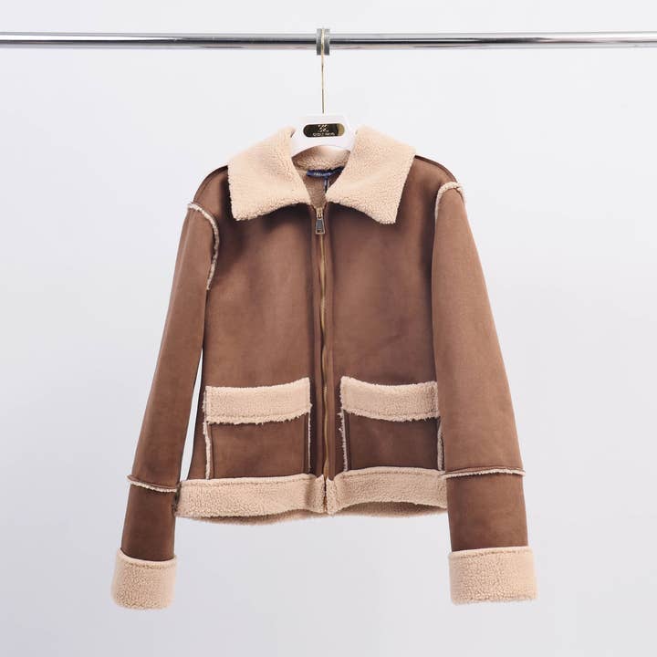 Marron Veste en fausse peaux de mouton retournée daim CVGI164 en vente sur Faire0