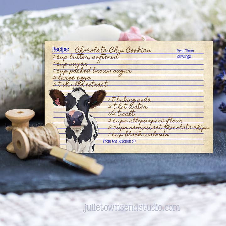 Julie Townsend Studio - Wholesale Recipe Card - Recipe Cards - Set of 12 Adorable Cow Recipe Cards