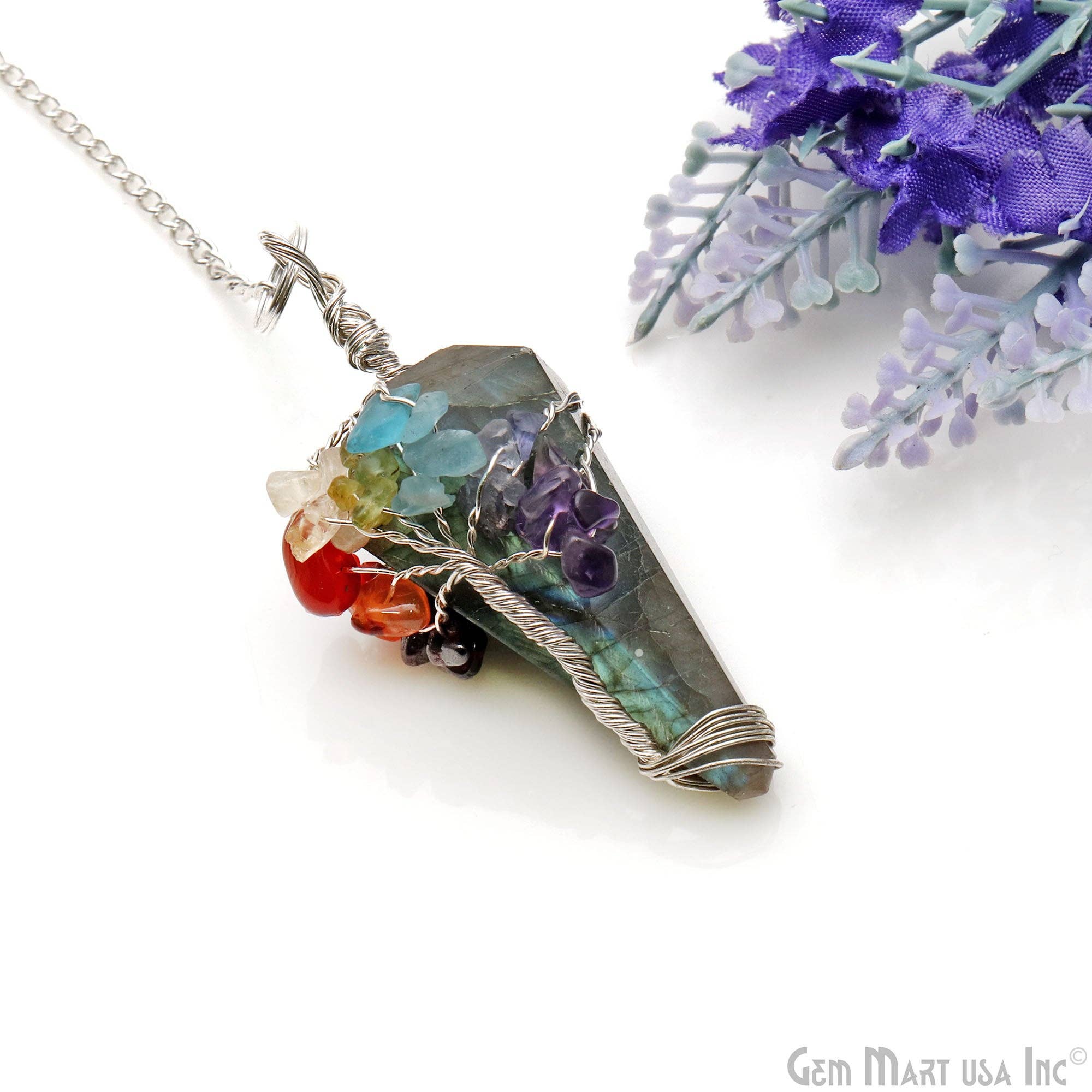 GemMartUSA - Vente Planches de pendule - Pendentif pendule Healing à 7 chakras avec chaîne en fil d'argent0