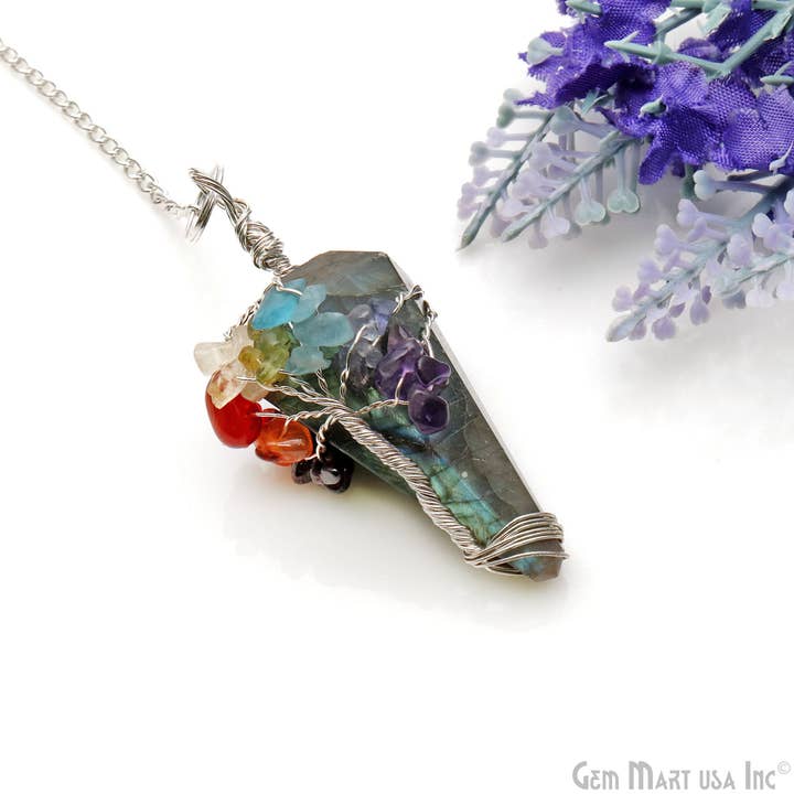 GemMartUSA - Vente Planches de pendule - Pendentif pendule Healing à 7 chakras avec chaîne en fil d'argent