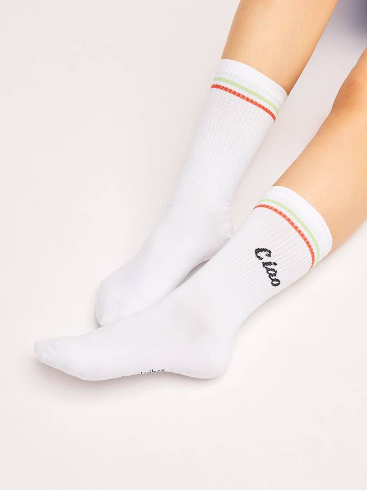 Ciao Socks - Organic Crew Socks with Stripes and Text for wholesale by Natural Vibes