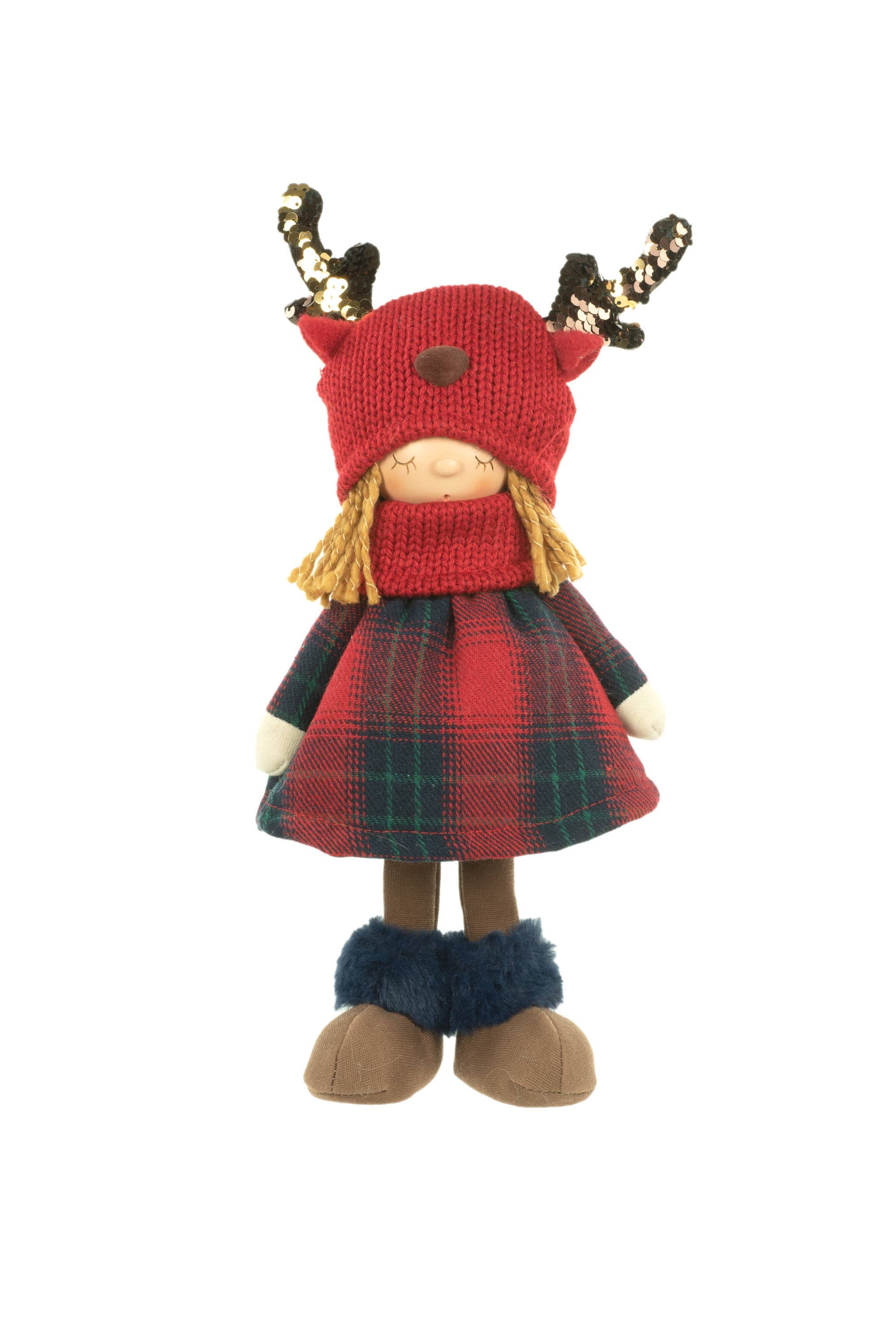 Starlight Collection - Wholesale Christmas Decoration - Red/Green Girl Doll with Plaid Skirt and Reindeer Beanie