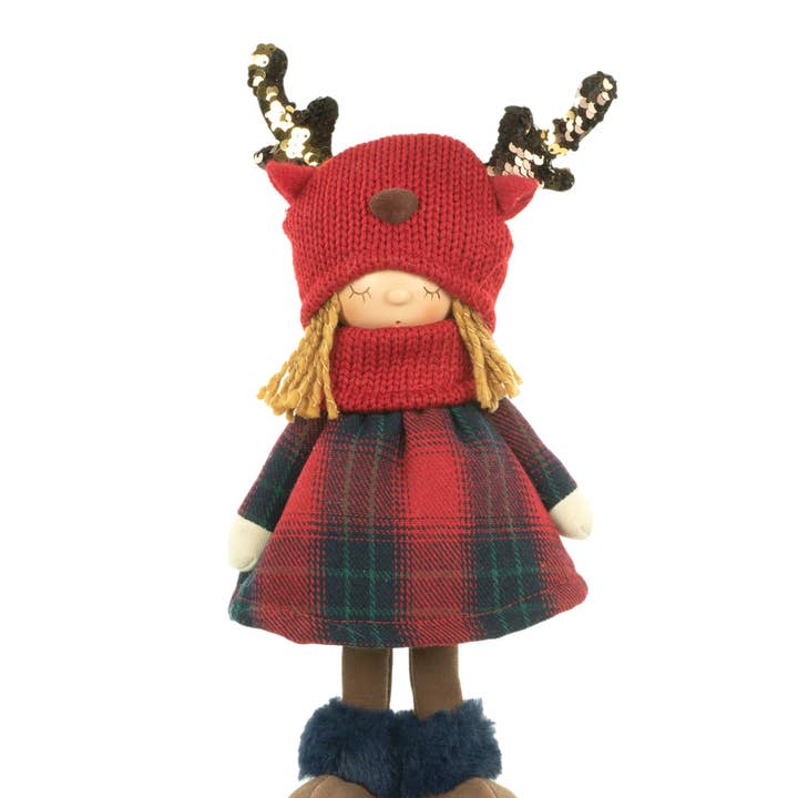 Starlight Collection - Wholesale Christmas Decoration - Red/Green Girl Doll with Plaid Skirt and Reindeer Beanie0