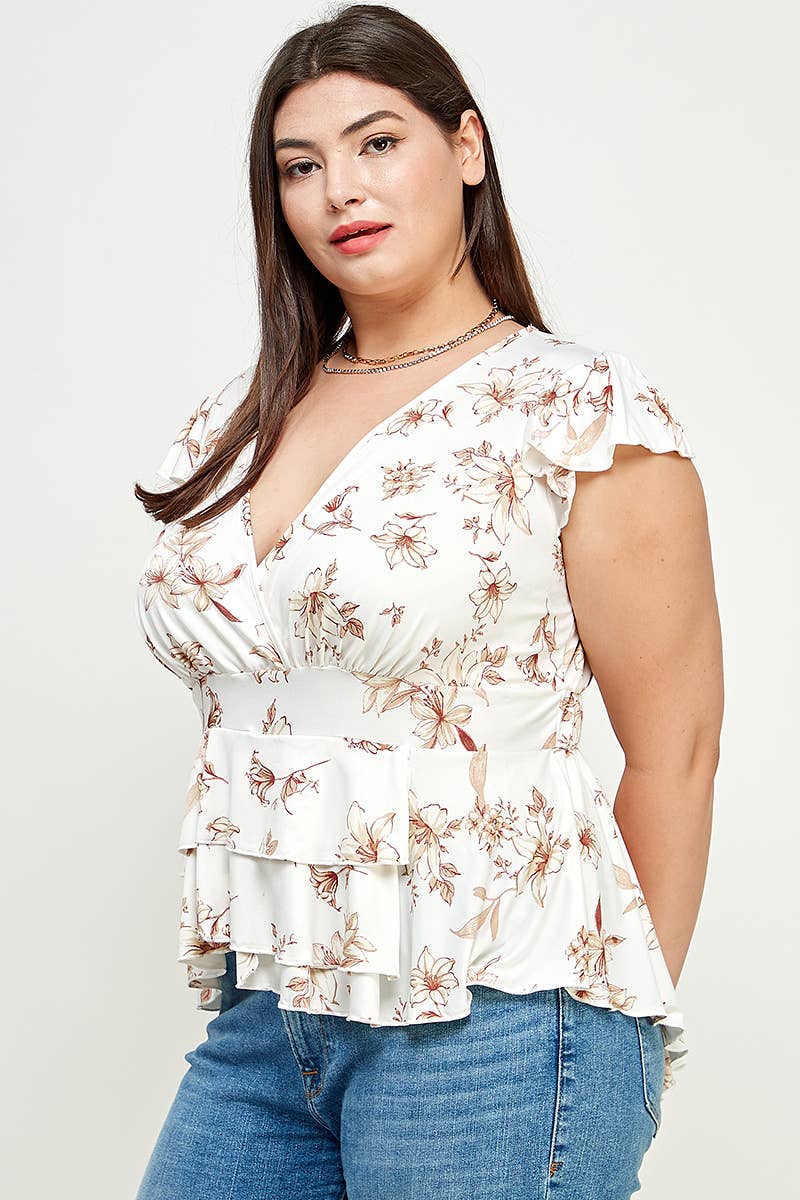 Off White Plus Size Floral Ruffle Babydoll Top KY18037-T for wholesale on Faire2