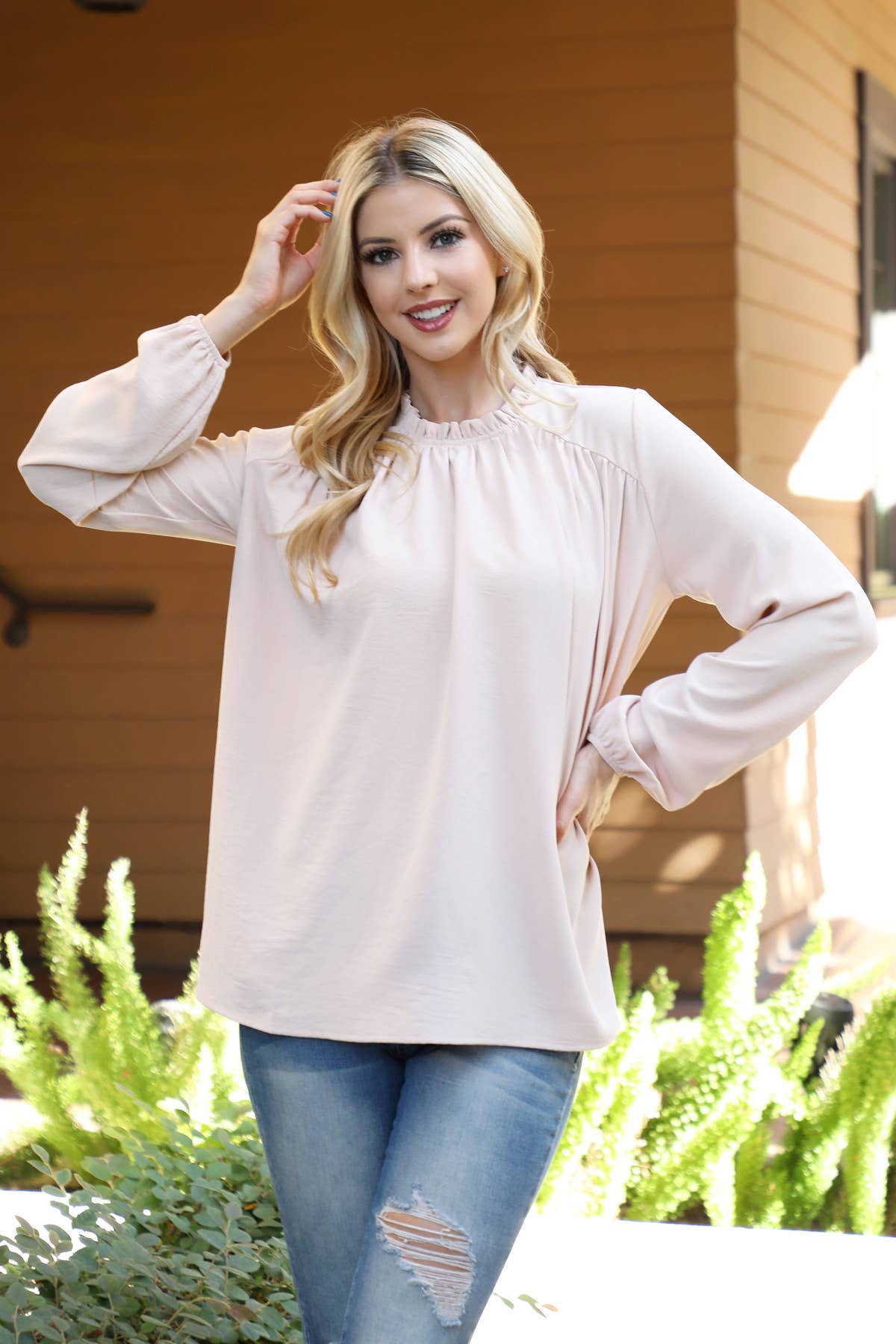 You & Me – Blusa - Mulher por atacado – YMT20087V-PUFF MANGA MESCLA TOP TECIDA DECOTE2