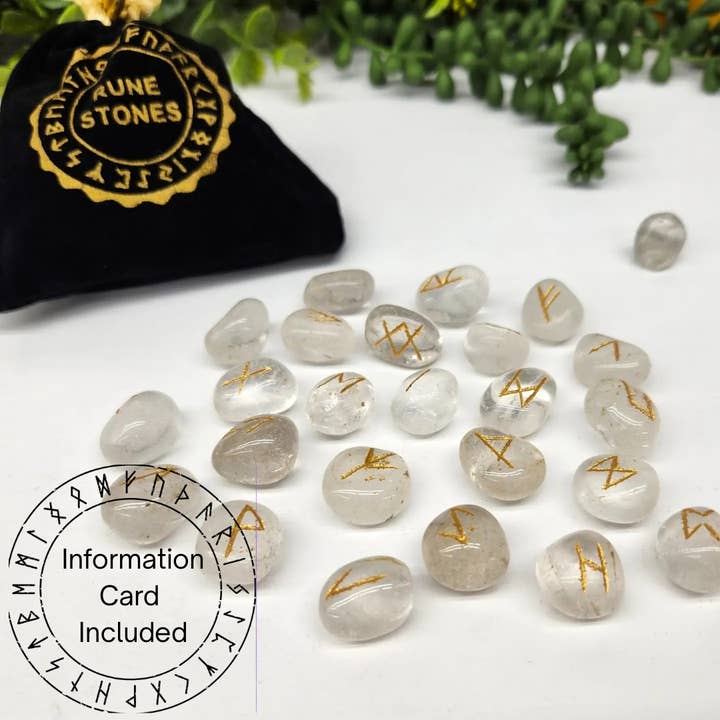 Clear Quartz Gemstone Rune Sets with Velvet Pouch for wholesale by Meraki Gemstones