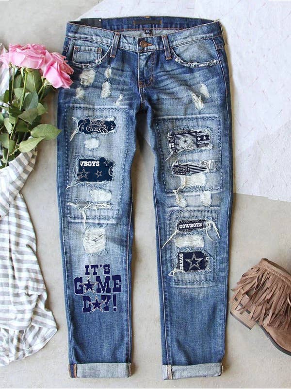 Women's Mid-rise Straight-leg Pants Ripped Game Printe Jeans for wholesale by Lovesoft